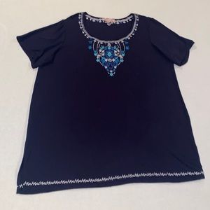 Philosophy Women’s Navy With Embroidered Flowers Scoop Neck Tee Shirt Size 1X